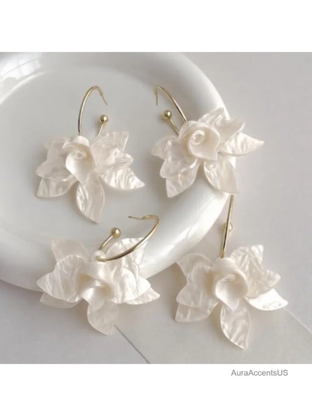 Large White Flower Dangle Earrings Gold Hoop Floral Drop Earrings Lightweight